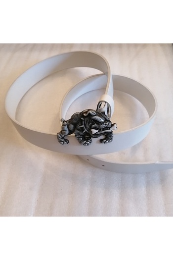 Butik Tülin Unisex Authentic Genuine Cowhide White Silver Metal Bulldog Dog Cowboy Buckle Belt Made in Thailand