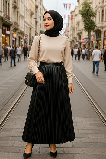 LePold Women's Pleated Satin Look Long Skirt Hijab Compatible City Style