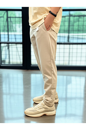 hello7 Beige Textured Athleisure Men's Trousers