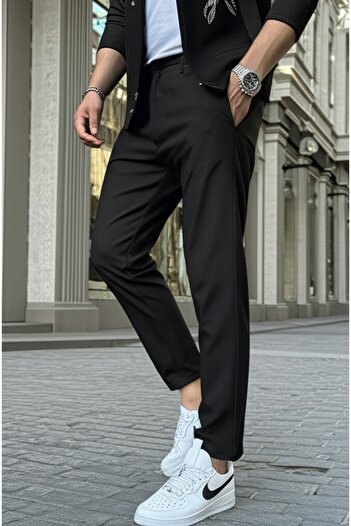 hello7 Men's Black Slim Fit Ankle Leg Fabric Trousers