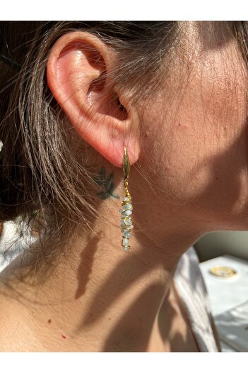 Yubi Aquamarin Natural Stone Copper Wrap Dangle Stainless Steel Earrings