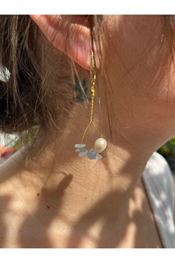 Yubi Aquamarin Natural Stone and Freshwater Pearl Copper Drop Stainless Steel Earrings