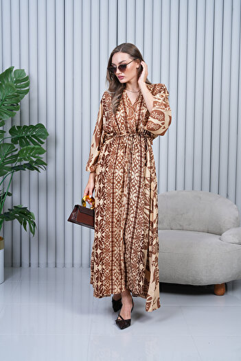 EL jadida Women's Patterned Double Breasted Collar Viscose Plus Size Hijab Dress