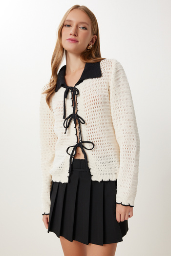 Happiness İstanbul Women's Bone Contrast Color Tie-Up Knitwear Cardigan Mx00251