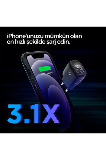 Spigen 20W USB-C Mini Hızlı Şarj Aleti / Şarj Isısını Düşürür GaN Black Type-C - ACH02070