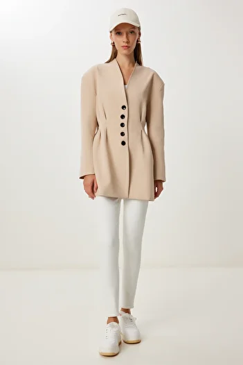 Happiness İstanbul Women's Dark Cream Waist Fitted Padded Woven Jacket Kt00026