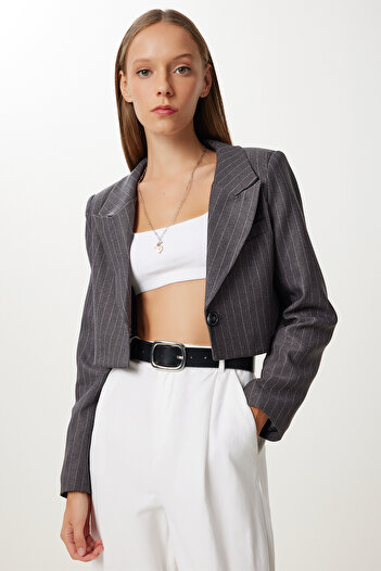 Happiness İstanbul Women's Anthracite Striped Padded Crop Woven Jacket Kt00027