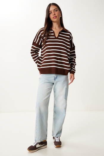 Happiness İstanbul Pulover de damă, maro, alb, cu gât polo, tricotat, US00293