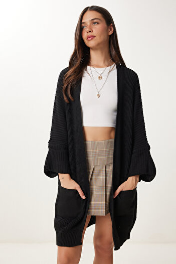 Happiness İstanbul Dámský černý oversize dlouhý kapesní pletený cardigan AS00003