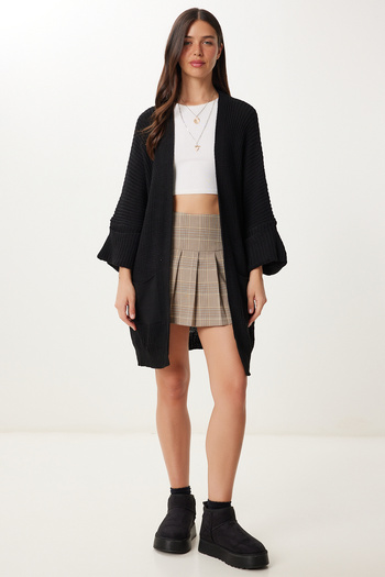 Happiness İstanbul Dámský černý oversize dlouhý kapesní pletený cardigan AS00003