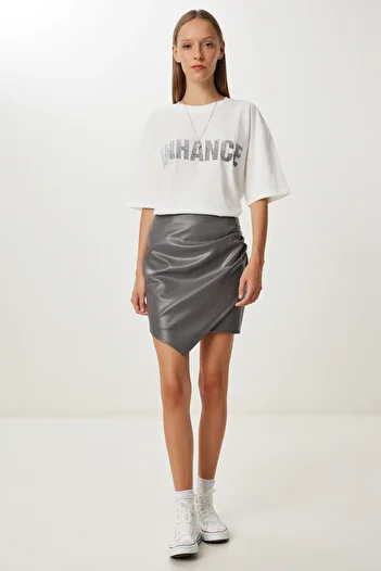 Happiness İstanbul Women's Gray Asymmetrical Mini Faux Leather Skirt Gp00030
