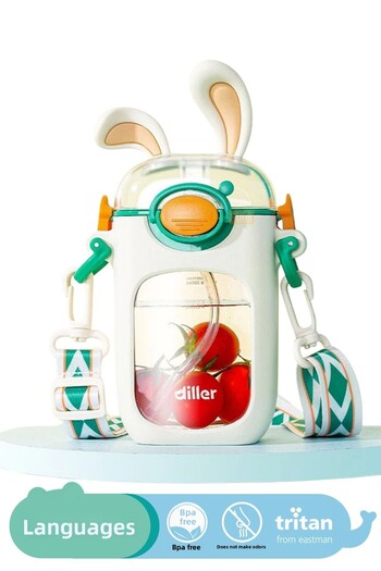 DILLER New Collection 400ml Tritan Cute Water Bottle with Straw - Rabbit Ear Hanging Children's Water Bottle