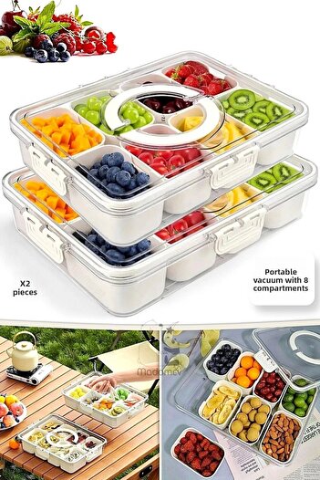Tilbe Home 2-Piece 8-Compartment Portable Storage Container with Lock Lid Breakfast Organizer Picnic Set Food Box