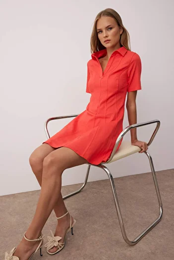 Trendyol Collection Red Straight Skirt Waist Opening Stitching Detail Mini Woven Dress Twoss25El00184