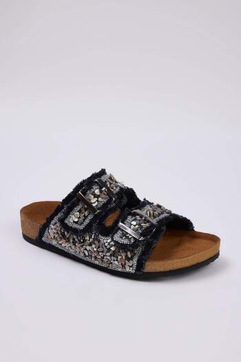 TRENDYOL SHOES Γυναικείες παντόφλες Anthracite Beaded Double Banded TAKSS25TE00039