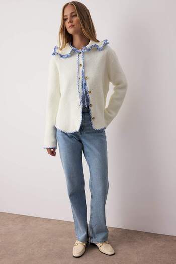 Trendyol Collection Ecru Soft Textured Garni Detailed Wide Fit Coat Look Knitwear Cardigan Twoaw26Hi00009