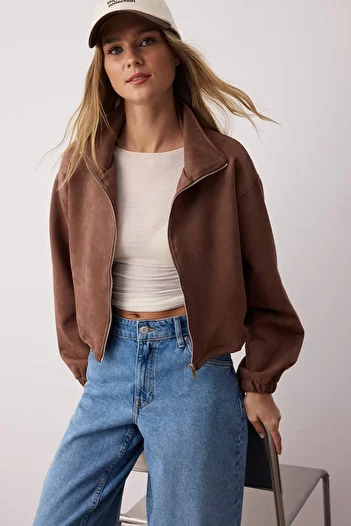 Trendyol Collection Tmavě hnědá rovná zip bez podšívky Regular/Normal Fit Pletená semišová bunda TWOAW26CE00011