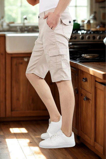 comstar Men's Cargo Pocket Gabardine Stretchy Tight Cream Capri Shorts