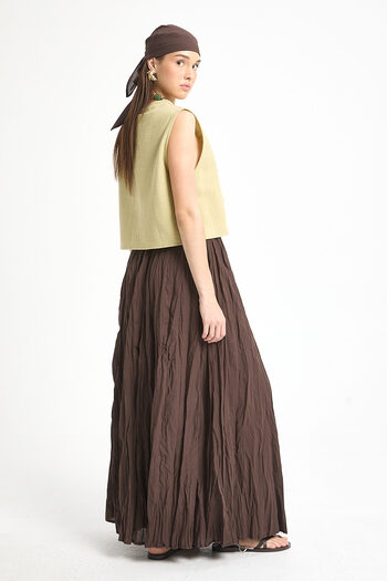 minaaise Women's Brown Voile Fabric Wrinkled Long Lined Skirt 29062