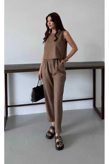 mor butik Purple Boutique Women's Brown Color Design Double Set Arya01001