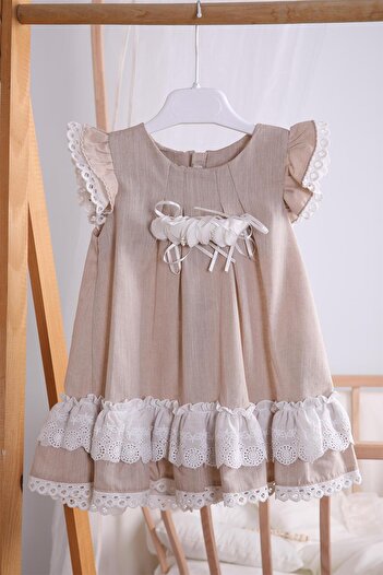 Babydola Bayramlık Keten Kız Bebek Çocuk Elbise 12787