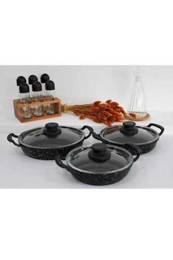 KIZILELMADA 3-Piece Black Design Casting Pan Set – Granite Coating, Fireproof Non-Stick