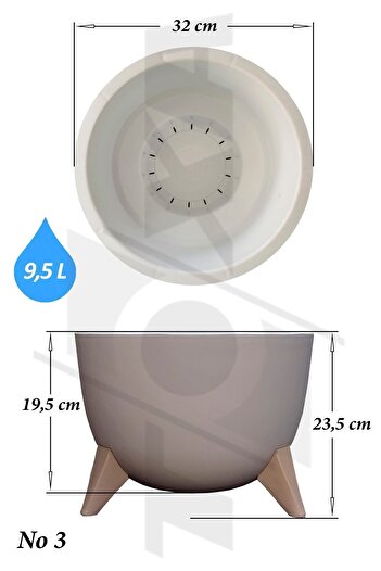 ToXA Ayaklı Küre Saksı 10 Litre Bej 32cm Plastik Drenajlı Süzgeçli Bonsai Bitki Çiçek Saksısı Ufo No3