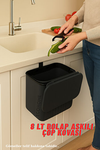 ego home Hanging Trash Can Striped 8 Lt Kitchen Counter Top and Cabinet Hanging Trash Can with Double Direction Lid