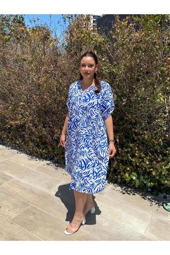 ELSEBUTİKTR Women's Loose Cut Cotton Viscose Dress with Sleeve Epaulettes