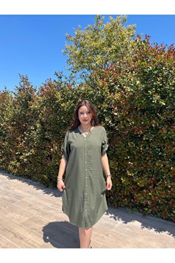 ELSEBUTİKTR Women's Loose Cut Cotton Viscose Dress with Sleeve Epaulettes