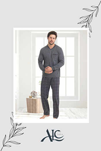 Alcteks Uzun Kollu %100 Pamuklu Iki Iplik Erkek Pijama – V Yakalı Takım
