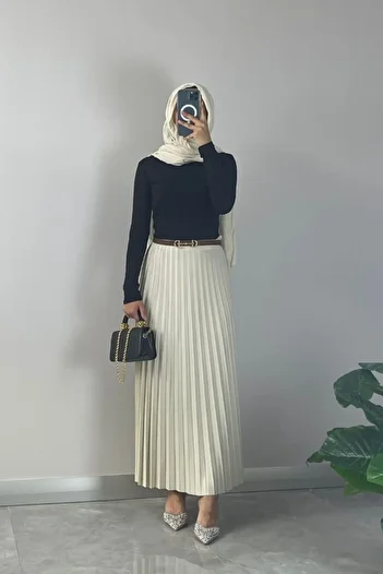 NİSUM MODA Leather Look Straight Pleated Skirt