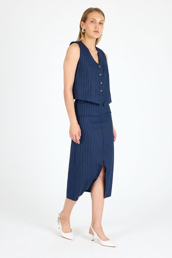 GAMZE ALPTEKİN Slit Skirt Vest Suit Striped Fabric Suit