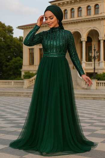 Neva Style Sequin Sequined Green Hijab Evening Dress 5338Y