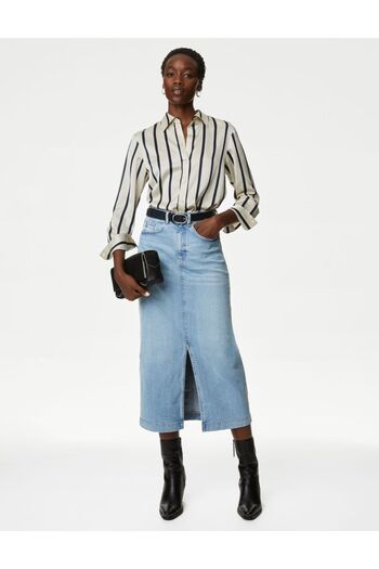 Marks & Spencer Yırtmaç Detaylı Midi Denim Etek
