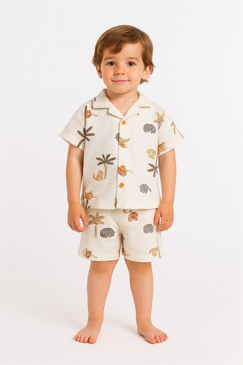 Motebarn Wear Boy's Animal Patterned Woven Shirt-Shorts Suit White