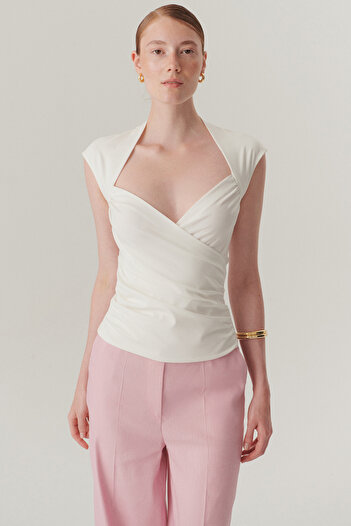 Exquise Double Breasted Collar Slim Fit White Blouse