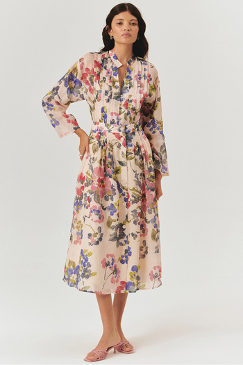 Exquise Front Button Midi Length Floral Pattern Skirt with Pockets
