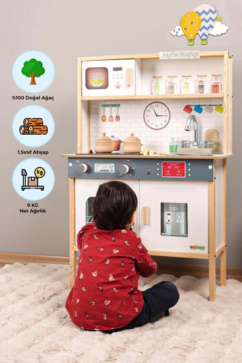 ROZİTOYS Ledli Ahşap Oyuncak Mutfak ~ Montessori Mutfak, Çocuk Mutfağı, Hediye Halı Dbk101