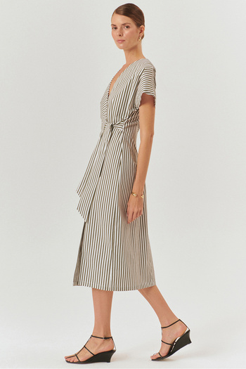 Exquise Stripe Patterned Double Breasted Model Cotton Midi Length Dress