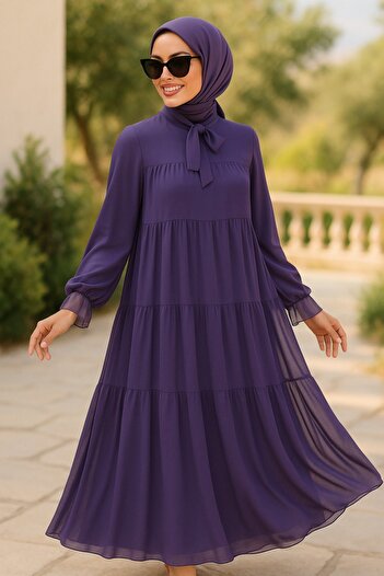 N.S NEVA STYLE Fold Pleated Dark Lilac Hijab Chiffon Dress 23601Klila