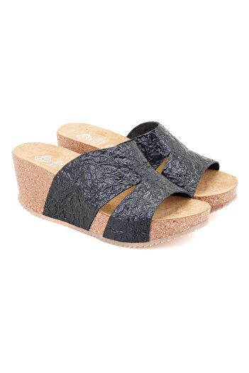 Desa Women's Black Wedge Heeled Leather Slippers