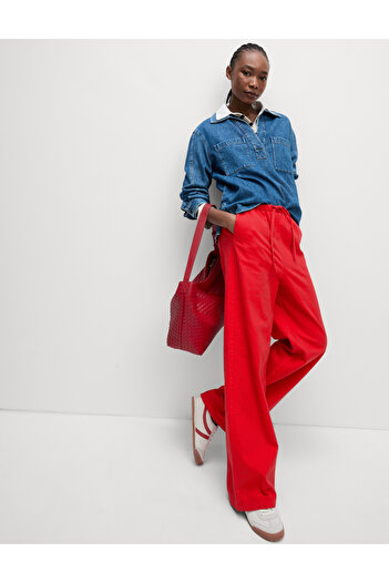 Marks & Spencer Denim Büzgülü Wide Leg Pantolon