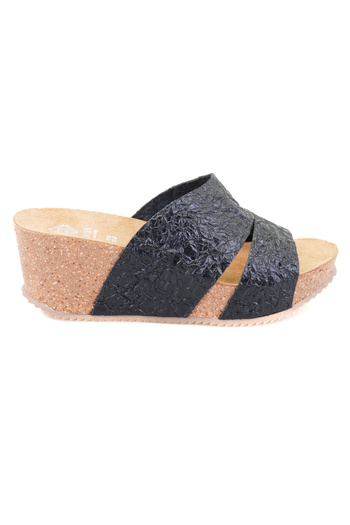Desa Women's Black Wedge Heeled Leather Slippers