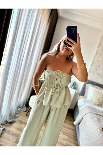 Valeur Casual Strapless Blouse Elastic Waist Trousers Set Khaki