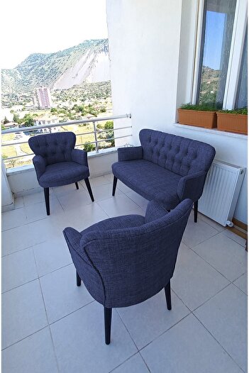 Azra Aksesuar Çay Seti Koltuk Takımı - Keten Kumaş-ahsap - Ofis Koltuğu-balkon Koltuğu - Mavi