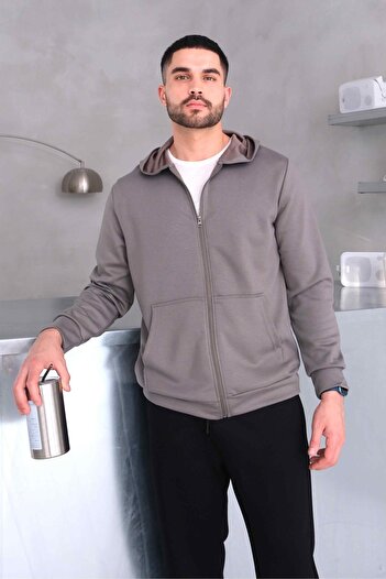 Behind Look Modal Mink Hooded Sweatshirt with Zippered Kangaroo Pocket