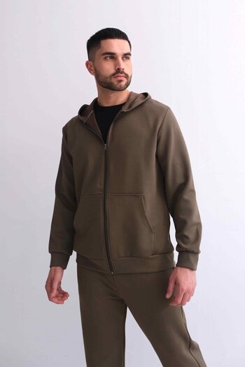 Behind Look Modal Khaki Hooded Sweatshirt with Zippered Kangaroo Pocket