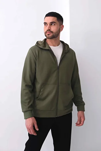 Behind Look Modal Light Khaki Hooded Sweatshirt with Zippered Kangaroo Pocket