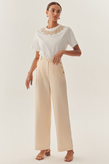 Exquise High Waist Beige Trousers with Straight Cut and Matching Belt